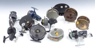A collection of fixed spool and other fishing reels including Mitchell Match, 320, 443D, Leeds
