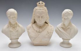 Parianware bust of Queen Victoria by Turner and Wood and two other busts on socles of Byron and