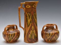 Pair of Wadeheath Art Pottery twin-handled vases and a large ewer, tallest 30cm