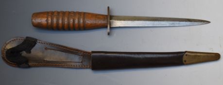 Fairbairn Sykes WW1 era trench fighting knife with wooden handle, 16cm double edged blade and