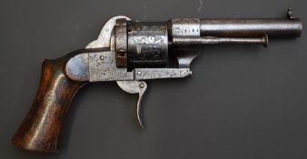 Lefaucheux French 7mm six-shot self-cocking pin-fire revolver with engraved frame and cylinder,