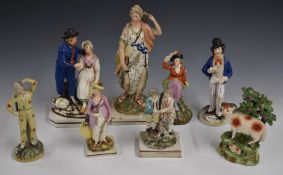 Eight 18th/19thC Staffordshire figures including three with hollow bases, rare Harlequin, Water /