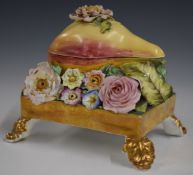 19thC porcelain inkwell in the form of a pear with flower encrusted decoration, possibly Minton, W13