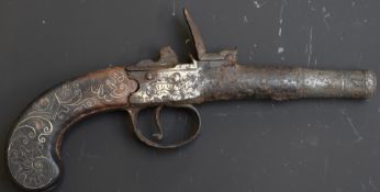 Flintlock hammer action pocket pistol with lock named 'Hove' wire inlaid grip, vacant cartouche to
