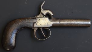 Unnamed percussion hammer action pocket pistol with shaped wooden grip and 2.25 inch smooth bored