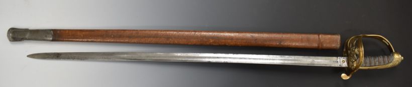 British 1822 pattern officer's sword with VR cypher to guard, 81cm fullered blade and scabbard.