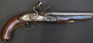 Goodwin & Co flintlock hammer action pistol with named and engraved lock, brass trigger guard and