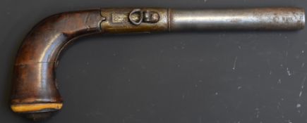 Percussion side hammer action pistol with engraved lock, hammer, top strap, butt cap and