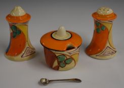 Clarice Cliff for Newport Pottery Fantasque three piece cruet decorated in the Melon pattern,