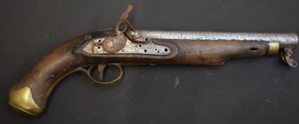 Enfield pattern flintlock Dragoon style pistol with brass trigger guard, butt plate and mounts,