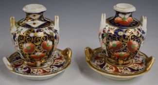 Pair of Derby Imari twin-handled vases with stands, H8cm