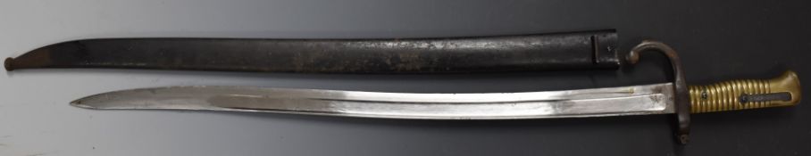 French 1866 pattern chassepot bayonet with 57cm fullered Yataghan blade and stamped 23/02 to
