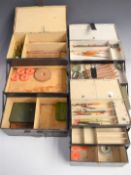 Three vintage Japanned cantilever 1940s fishing tackle boxes with tackle and accessories