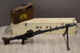 Deactivated German MG34 7.92mm light machine gun with drum magazine, folding bi-pod, top plate