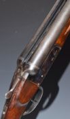'The Basque' 12 bore side by side shotgun with chequered grip and forend, double trigger and named