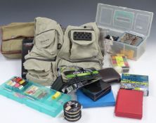 Simms fly fishing waistcoat, fly tying vice and accessories, five boxes of flies including wet, dry,