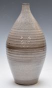 David Leach studio pottery vase, the ribbed bulbous body with mottled decoration, LD seal mark to