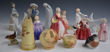Six Royal Doulton figurines, five Lladro figures, Royal Worcester and Copenhagen porcelain
