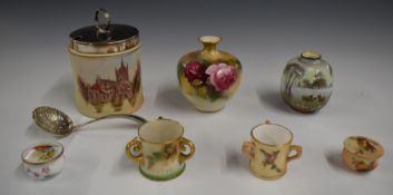 Royal Worcester signed pedestal vase decorated with roses (indistinct signature), miniature tygs and