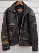 Vintage Harley Davidson leather motorcycle jacket with 'Mileage Club' and 'Glide' emblems, size L