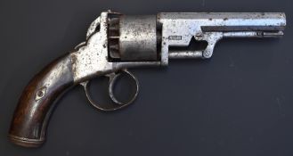Webley Bentley type six-shot double action percussion revolver with shaped wooden grips, storage