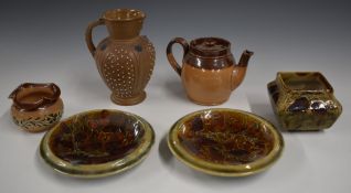 Pair of Royal Doulton Foliage Ware shallow dishes and a square vase decorated in the Autumn Leaves