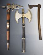 Three replica weapons including North American Frontier axe, Magnum double headed axe and a Viking