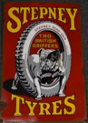 Stepney Tyres enamel car or motorcycle advertising sign depicting a bulldog astride a tyre to the