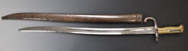 French 1866 pattern chassepot bayonet dated 1873 to 57cm fullered Yataghan blade and stamped R.S