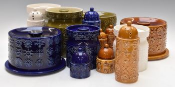 A collection of retro Portmeirion Totem pattern biscuit barrels, cheese domes, cruets, sifters etc
