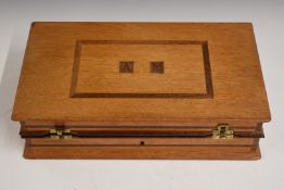 Oak inlaid revolver or pistol case/ box with brass bullet holder and felt lined fitted interior,