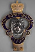 Royal British Legion vintage or classic car badge with blue enamel decoration, height 15.5cm
