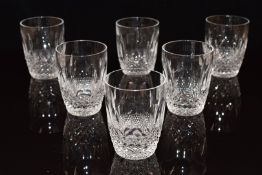 A set of six Waterford cut crystal drinking glasses, each 9cm tall.