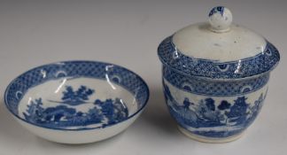 19thC blue and white covered chocolate cup, cover and saucer decorated with a boy riding a