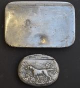 Two James Dixon & Sons boxes one a snuff box with embossed decoration of a huntsman and dog in
