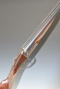 AYA Yeoman SR 12 bore side by side shotgun with chequered grip and forend, vacant cartouche to the