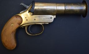 Webley & Scott of London & Birmingham brass flare or signalling pistol with flared muzzle, shaped