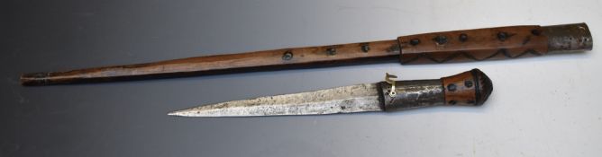 Continental Ottoman style dagger of crude construction with double edged 23cm blade and sheath.