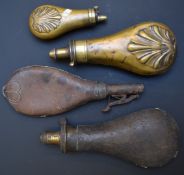 Four powder and shot flasks including one James Dixon & Sons leather bond metal example and two with