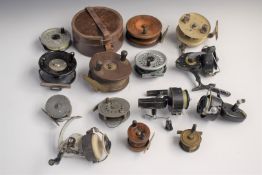 Vintage fixed spool, centrepin and fly fishing reels including Grice and Young 'Orlando Minor',