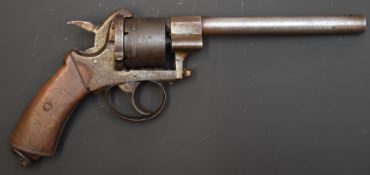 Unnamed 9mm six-shot double action pinfire revolver with shaped wooden grips, belt loop and 6 inch