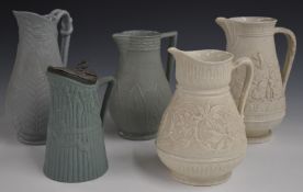 Five Victorian relief moulded harvest jugs including Copeland, tallest 26cm