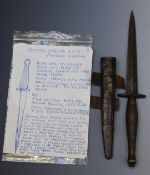 British Army WW2 Fairbairn Sykes fighting knife attributed attributed to Chindit Sgt W B Wilkinson