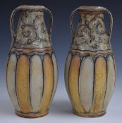 Pair of Royal Doulton Art Pottery twin-handled vases with MW monogram to base, H26cm