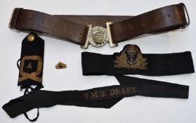 British Army brown leather belt with Dieu et Mon Droit to metal buckle, together with a Royal Navy