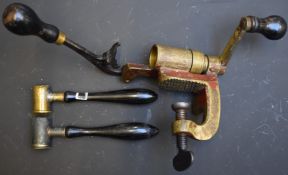 Bartram & Co 12 bore shotgun cartridge re-loading rollover tool together with two powder measures