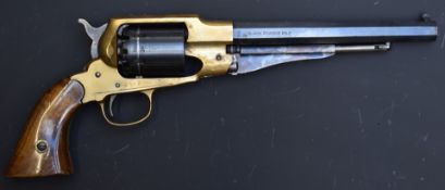 Italian .44 six-shot single action revolver with brass frame, shaped wooden grips and 7.75 inch