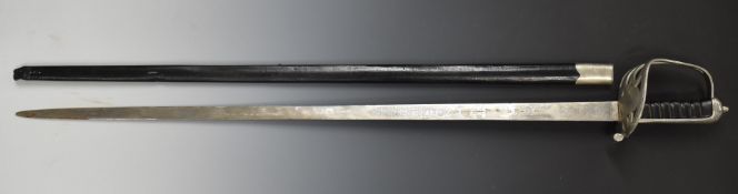 Victorian pattern sword with Made in India to 84cm straight blade, with scabbard. PLEASE NOTE ALL