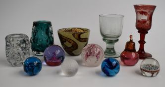Twelve items of decorative glassware including a Victorian flash overlaid and cut German goblet,