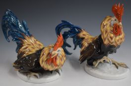 Two Rosenthal cockerels, probably fighting cocks, tallest 24cm